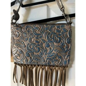 Justin Convertible‎ Bag Wristlet Brown Blue Embossed Leather Fringe Western New